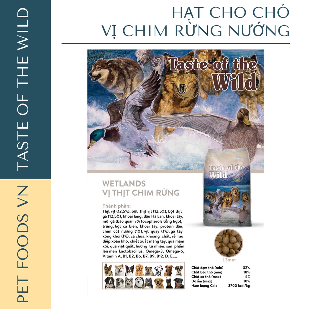 Hạt cho chó TASTE OF THE WILD Wetlands 12kg vị Chim Rừng Nướng