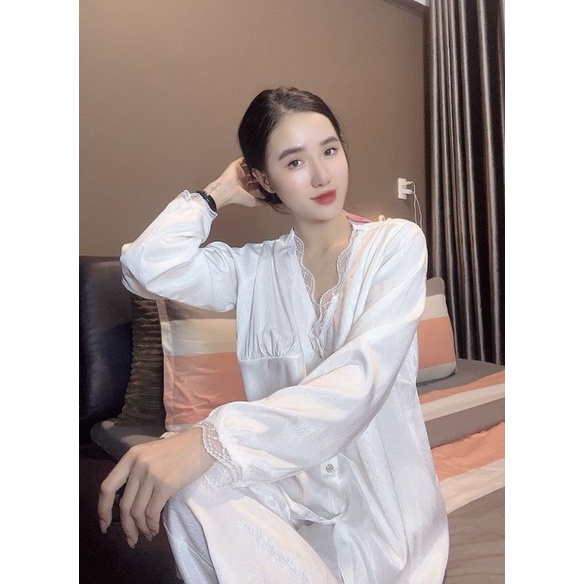 Pijama hàng thiết kế họa tiết ren tiểu thư vải lụa xước Tô Châu cao cấp.Ảnh shop chụp thật ở cuối trang nha khách