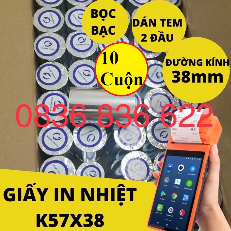 [ 10 Cuộn ] Giấy In hóa đơn K57 x 38 -Giấy In  Nhiệt K57 Cho Máy Pos cầm tay Now/ Grab / Goviet 57x38 (57mm / 58mm)