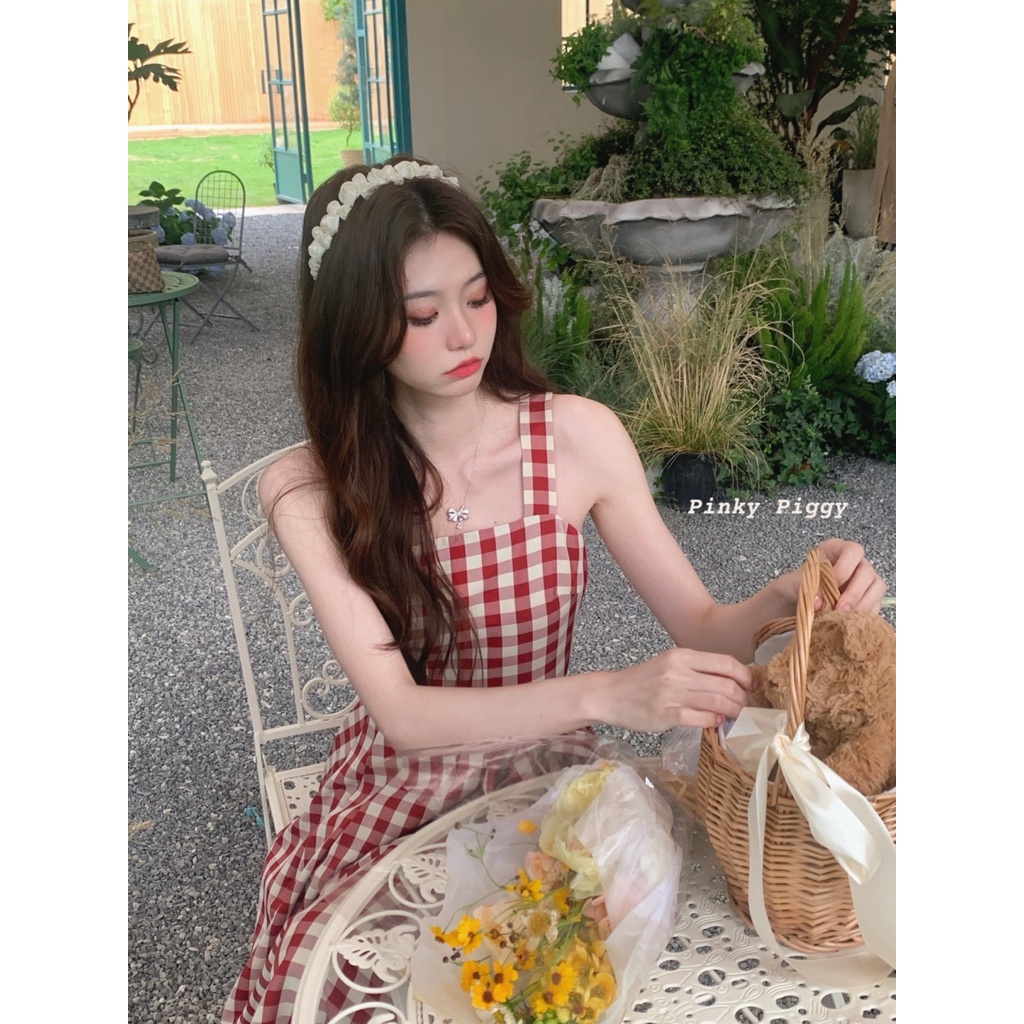 Jiashucheng Bộ Áo Cổ Búp Bê Họa Tiết Sọc Caro Phối Chân Váy Hai Dây Thời Trang Mùa Hè Cho Bạn Gái