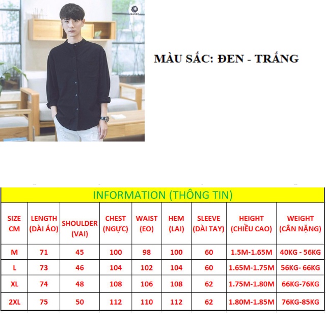 Áo Sơ Mi Nam Form Rộng Cổ Trụ, Cổ Tàu Tay Dài Màu Trắng,Đen, Vải Lụa Mềm Mịn Không Nhăn,Không Xù Lông SMRTDCT Từ 40-90kg