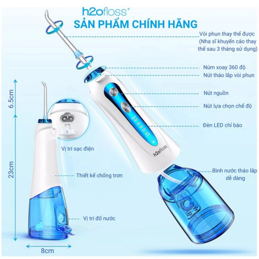 Máy tăm nước H2ofloss HF6P/HF9P kèm 6 đầu tăm-Máy tăm nước cầm tay
