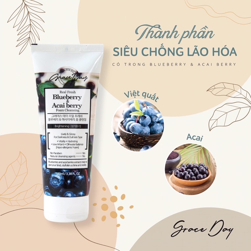 Sữa rửa mặt GRACEDAY chiết xuất Quả Việt quất và Quả Acai giúp làm sáng da 100ml