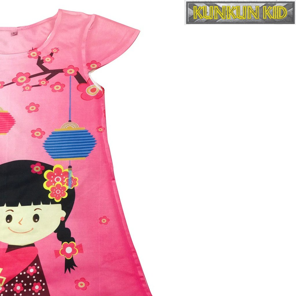 Váy bé gái thun lạnh in hình vui xuân hồng 3d size 10kg - 40kg từ 3-12 tuổi Kunkun Kid D428