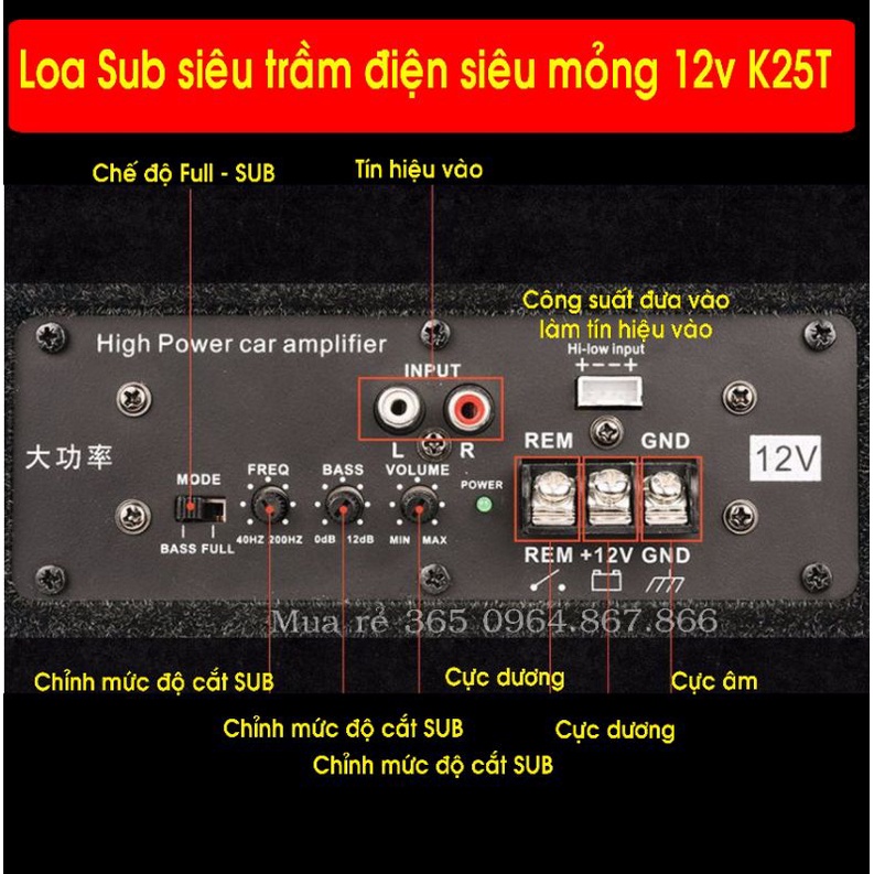 Loa Sub siêu trầm  bass khủng 25 cm K25T gầm ghế  ô tô siêu mỏng, có loa tép đánh full cực hay, điện 12v