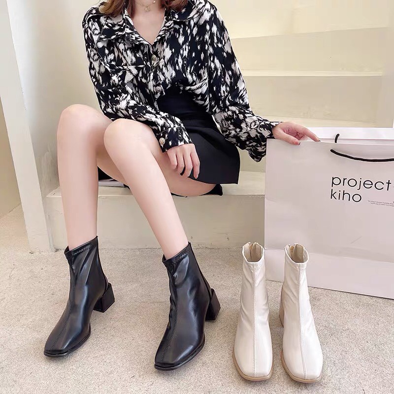 FREESHIP Giày bốt nữ cao cổ có lót nỉ kéo khóa sau gót vuông 5p hàng fullbox