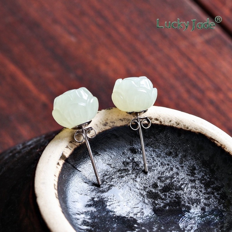 Khuyên Tai Bạc S925 Đính Ngọc Bích Trắng Hình Hoa Sen Đơn Giản Chống Dị Ứng Dễ Phối Đồ