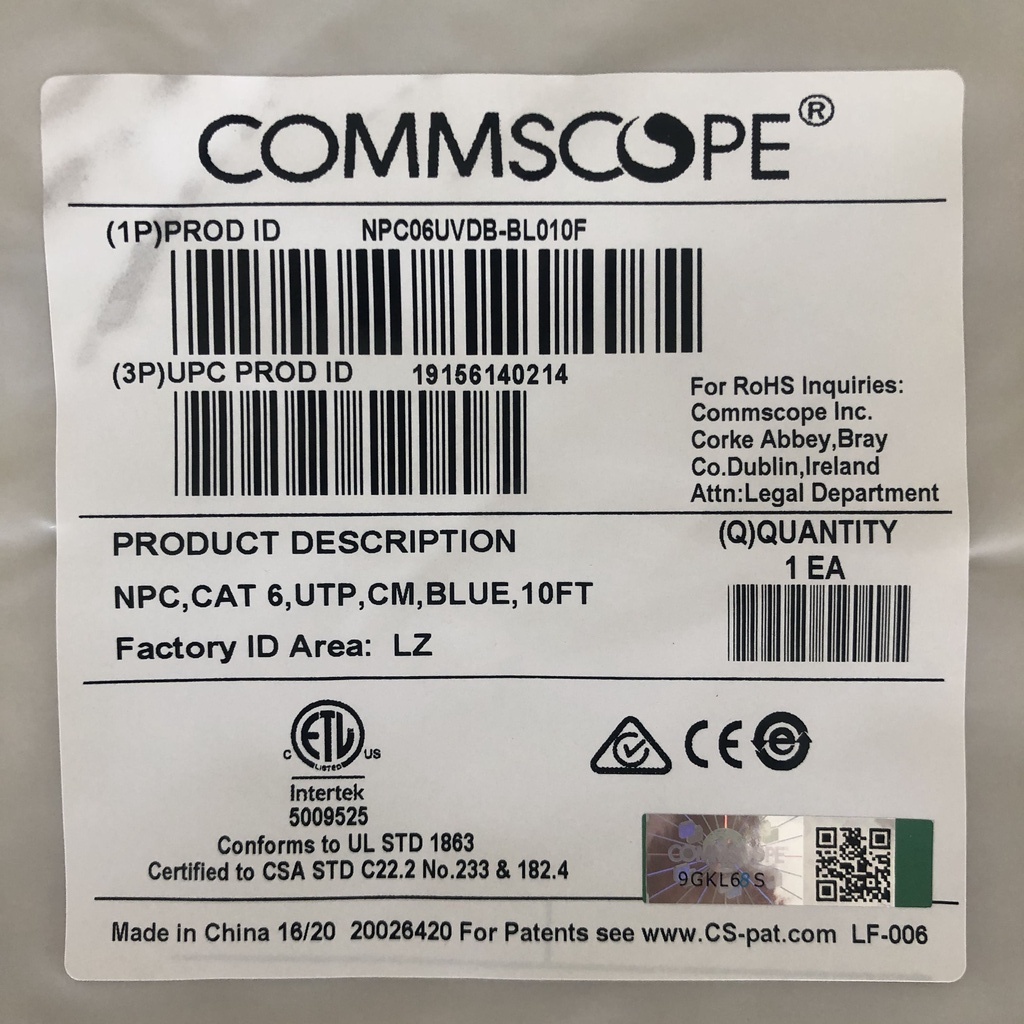 1 sợi Cáp mạng Cat6/ Dây nhảy mạng CAT6, dài 3met, màu blue, 2 đầu đúc, Commscope AMP  chính hãng, PN: NPC06UVDB-BL010F