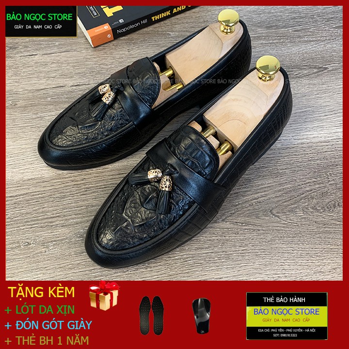 Giày lười nam da bò thật dập vân cá sấu - Băng chuông vàng thời trang - Đế cao su đúc - Mã K1868 Đen