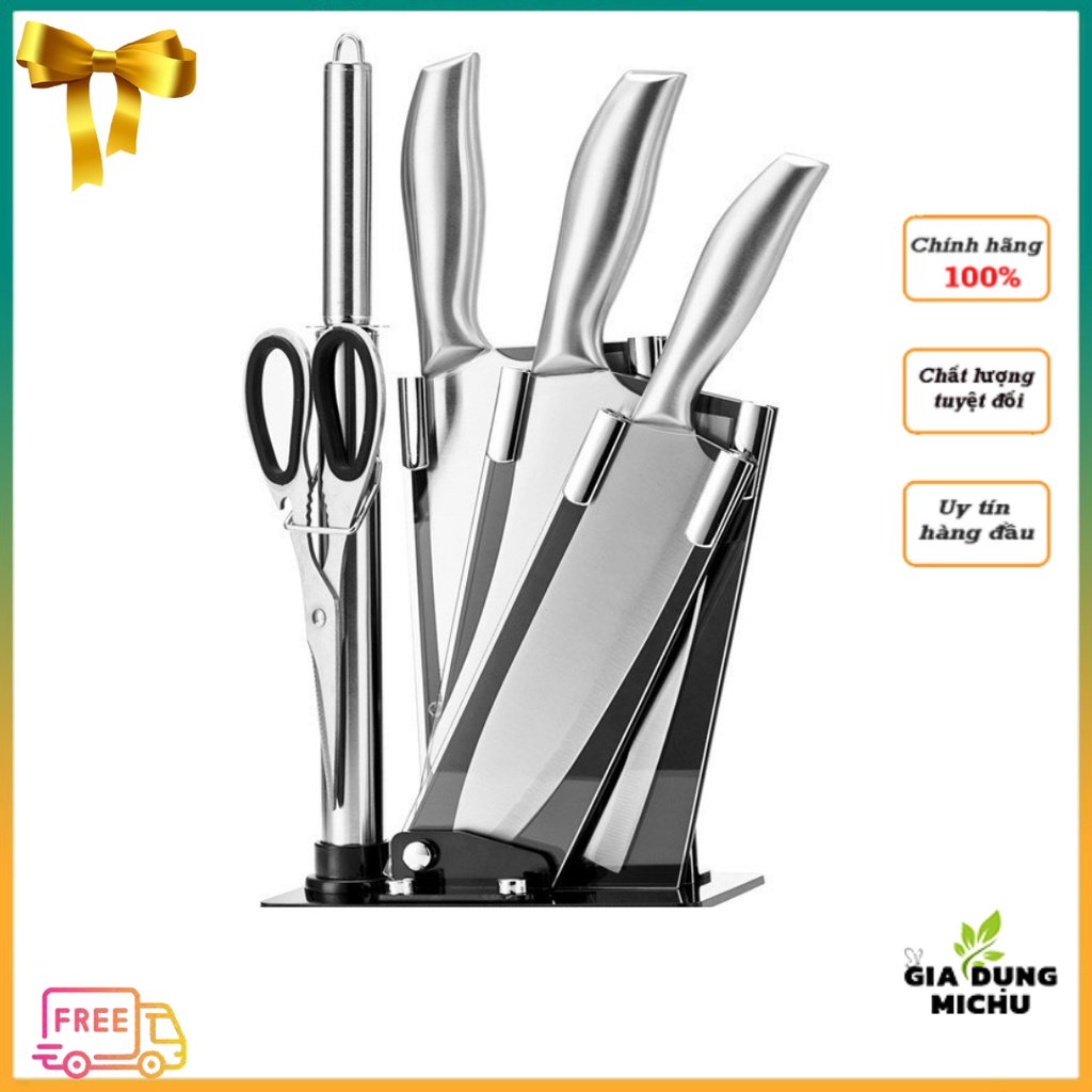 Bộ dao kéo, Bộ dao Nhật inox 6 món cao cấp chống rỉ kèm khay nhựa_MICHU