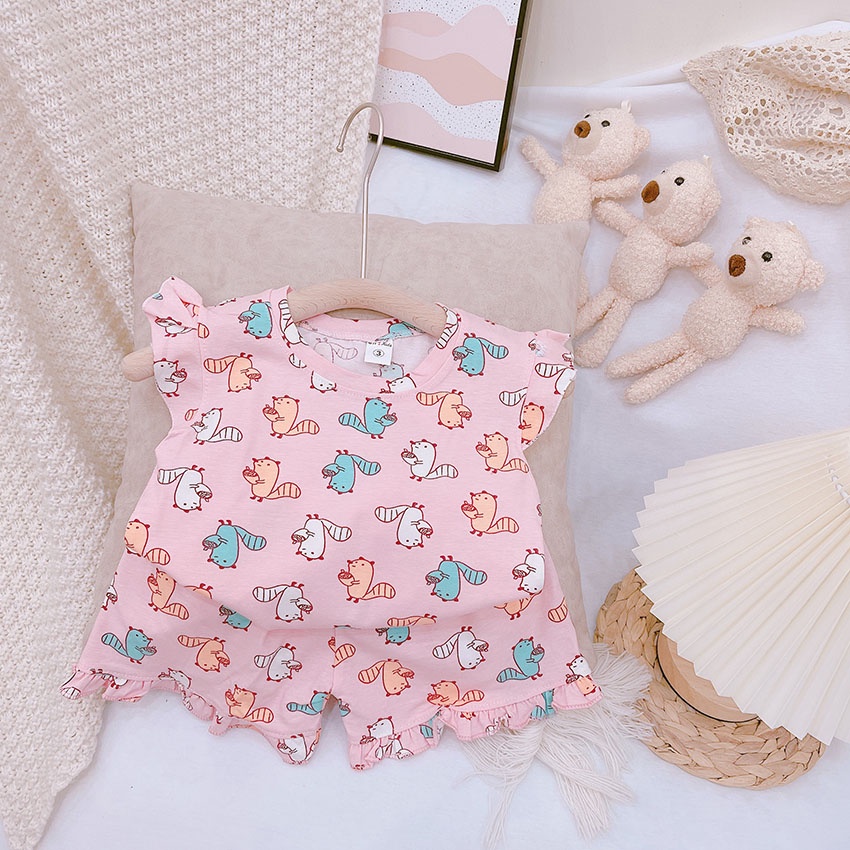 Bộ Quần Áo Trẻ Em Cộc Tay In Hình Mèo Dâu LOL Xinh Xắn Vải Cotton Cho Bé Gái Từ 8-20kg Mã CT47