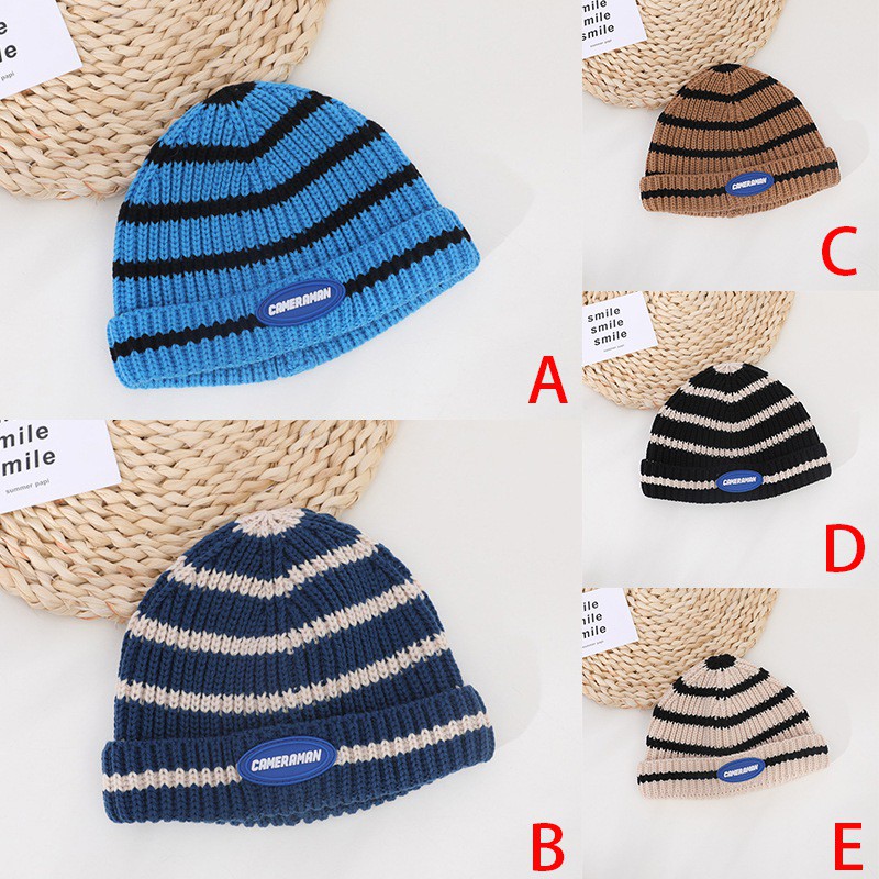 Mũ len dệt kim co giãn họa tiết kẻ sọc phong cách mùa đông cá tính dành cho bé 2-8 tuổi