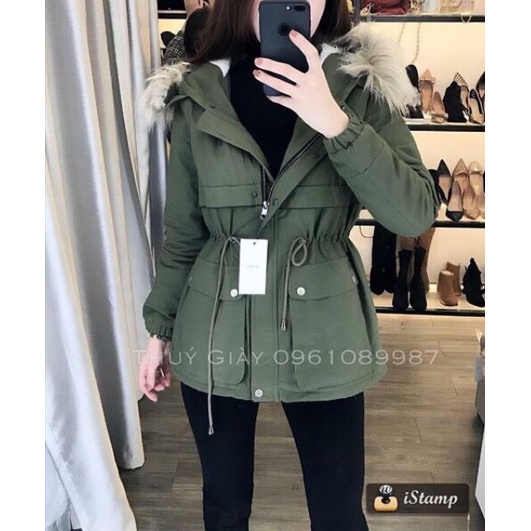 Áo kaki lót lông cừu dày ấm dây rút eo, áo parka nữ đẹp