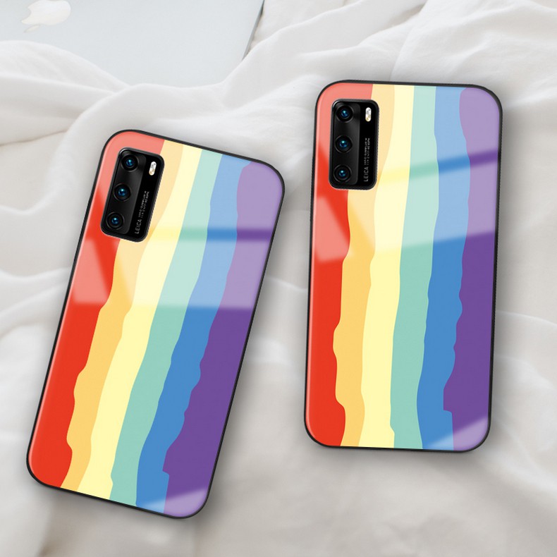 Ốp OPPO A12 A12E A52 A72 A92 A9 A5 2020 Case Colorful Rainbow Stripes Transparent Tempered Glass Cover Ốp OPPO A31 A5S A7S F11 Pro f7 F9 F1s A83 Protection Phone casing