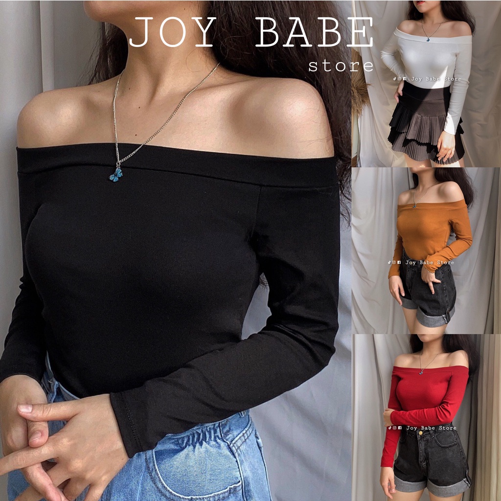 Áo croptop trễ vai tay dài trơn JOY BABE 🌾style nhẹ nhàng, thun xịn co giãn êm Forever 21🍁 áo kiểu bẹt hở vai CROD 4 -2D