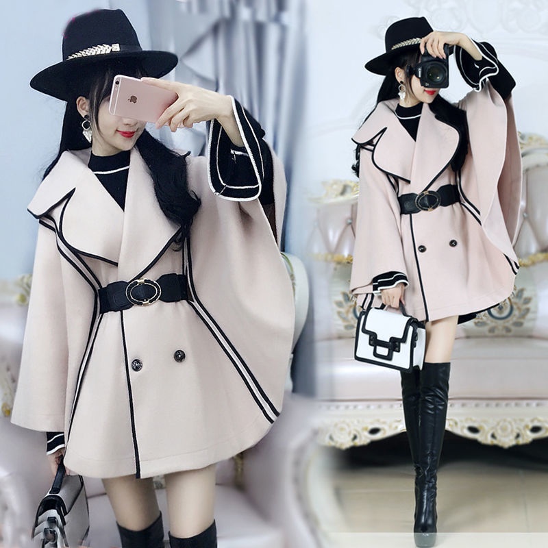 Áo khoác mùa đông thêm nhung dày thì áo lông dơi viền đen màu be, choàng nữ 2020 mới | BigBuy360 - bigbuy360.vn