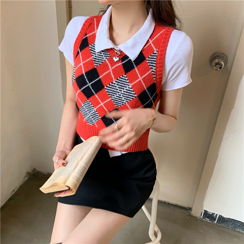 Áo không tay IELGY dệt kim hình thoi cổ V chui đầu retro phong cách học đường