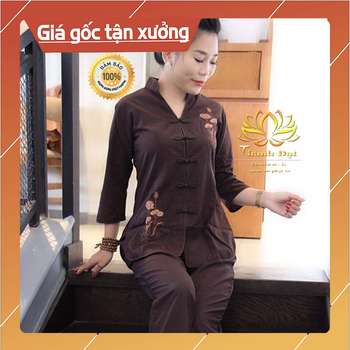 Quần Áo Phật Tử, Bộ Đồ Lam Cổ Tàu Nâu Thêu Sen Kín Đáo Đi Chùa Vải Kate Đẹp, Đường May Chắc Chắn, Cẩn Thận