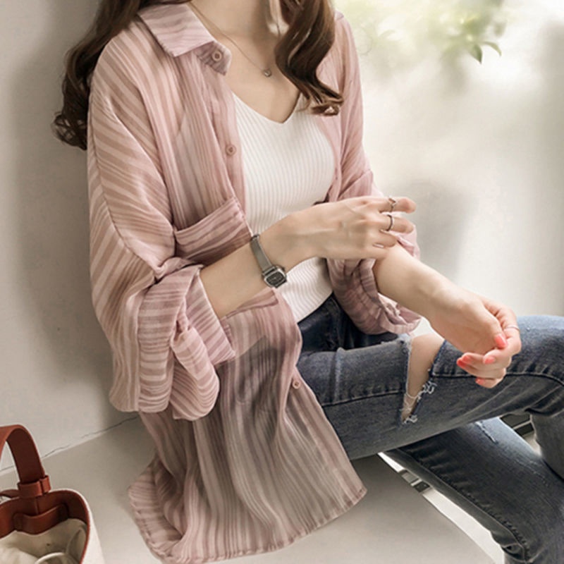 Áo sơ mi chiffon RENJIANVSHENG dáng rộng kẻ sọc tay phồng phong cách Hàn Quốc thời trang cho nữ