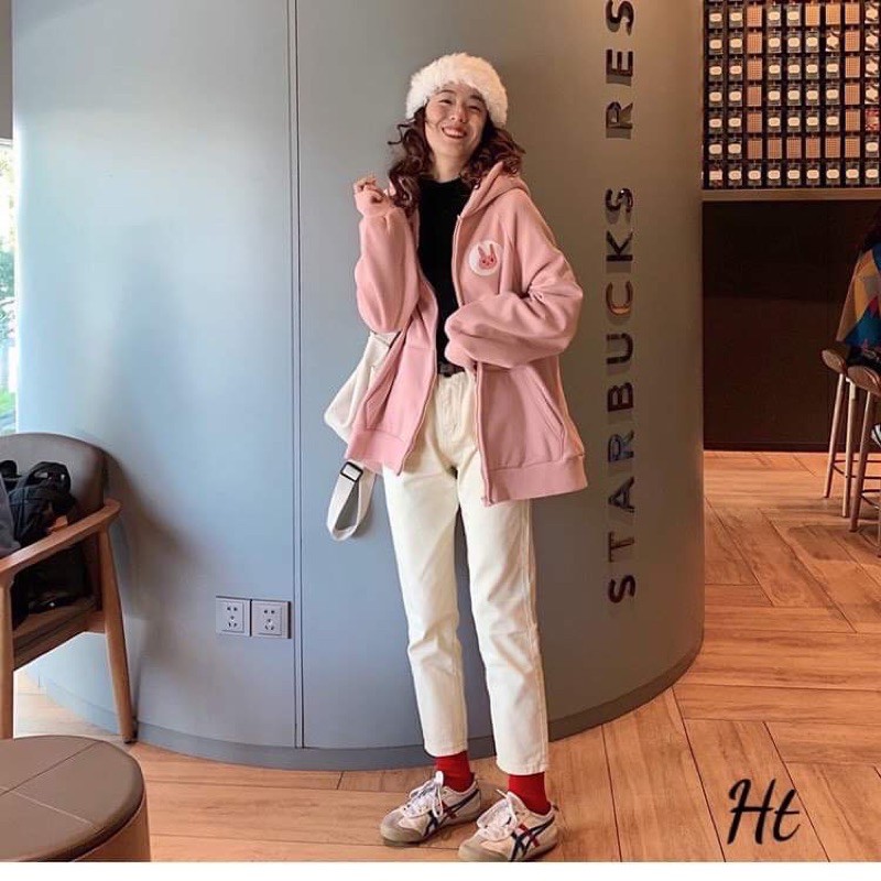 áo khoác nỉ bông giá rẻ, áo hoodie nỉ khoá kéo in logo thỏ
