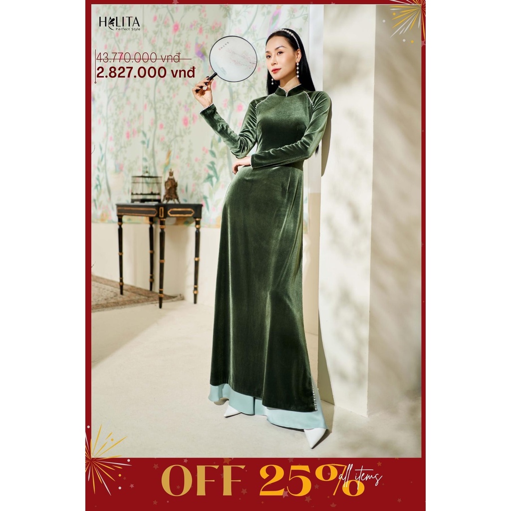 Áo Dài Nhung  Đỏ Viền Ngọc  Cao Cấp