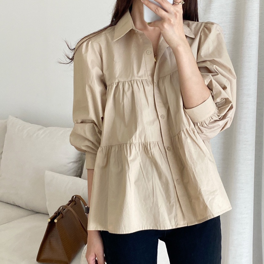 Áo sơ mi SUXI tay dài dáng rộng thiết kế đơn giản dễ phối đồ