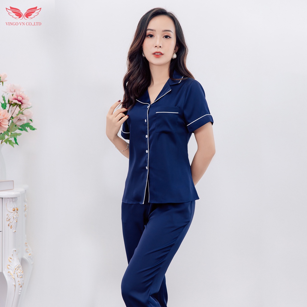 Bộ Đồ Ngủ Pyjama basic Mặc Nhà Vingo cho Nữ Tay Cộc Quần Dài Lụa Trơn Cao Cấp Phối Viền Trắng Thanh Lịch H217 VNGO | BigBuy360 - bigbuy360.vn