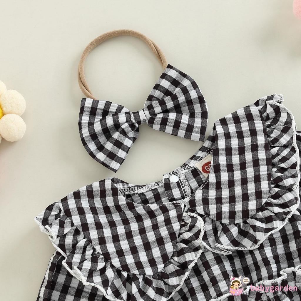 Bộ Áo Liền Quần Tay Dài Cổ Búp Bê Kẻ Sọc Caro + Băng Đô Cài Tóc Thời Trang Mùa Thu Cho Bé Gái 0-18 Tháng Tuổi