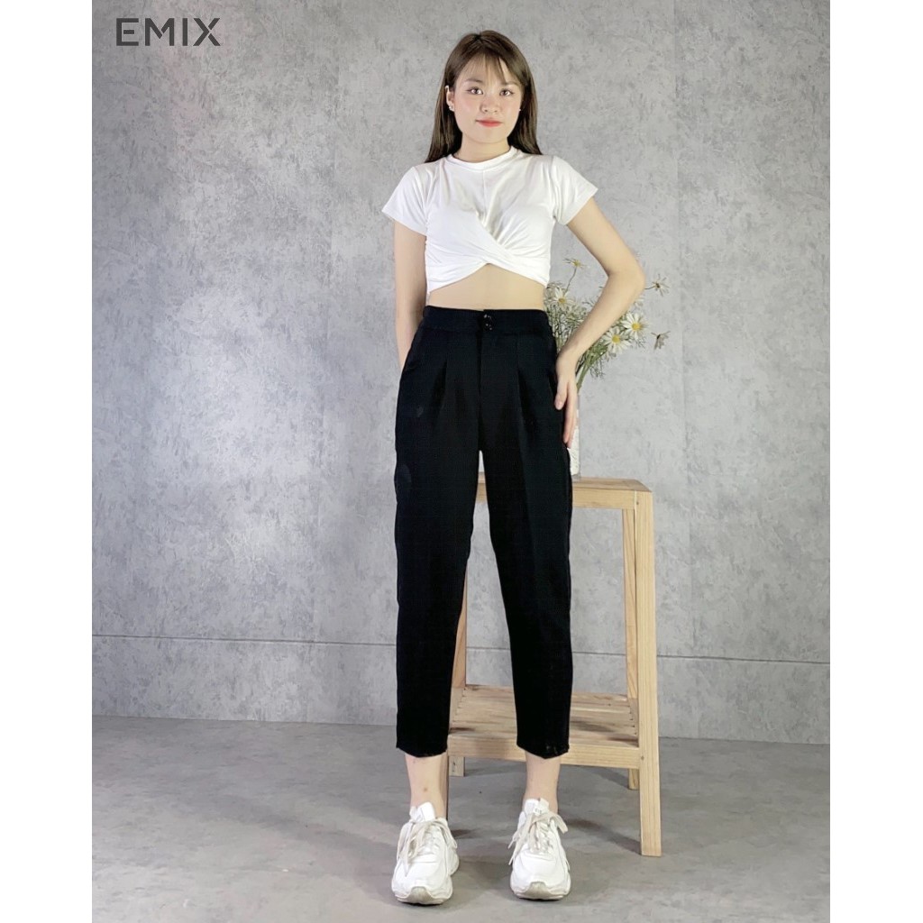 Quần tây nữ baggy 2 cúc EMIX (màu đen), dáng dài, cạp cao, bản to, form rộng, lưng chun, vải tuyết mưa, mềm mịn 066