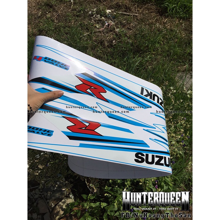 Tem rời chế Raider xăng cơ. Xe xanh, chỉ trắng. Thay đổi màu sắc và chi tiết theo yêu cầu. Sắc nét, bền màu