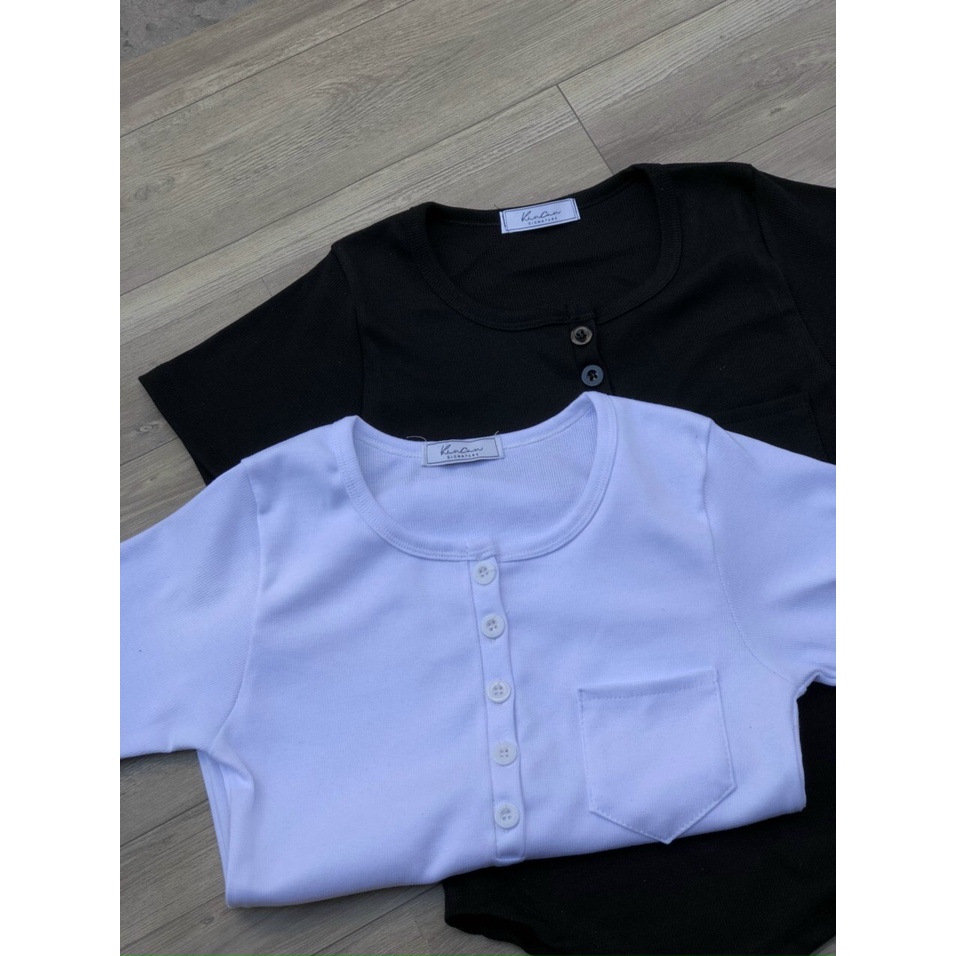 (MỚI) Áo thun nữ TAY NGẮN cổ tròn cài cúc túi ngực dáng ôm thời trang kiểu HQ | BigBuy360 - bigbuy360.vn
