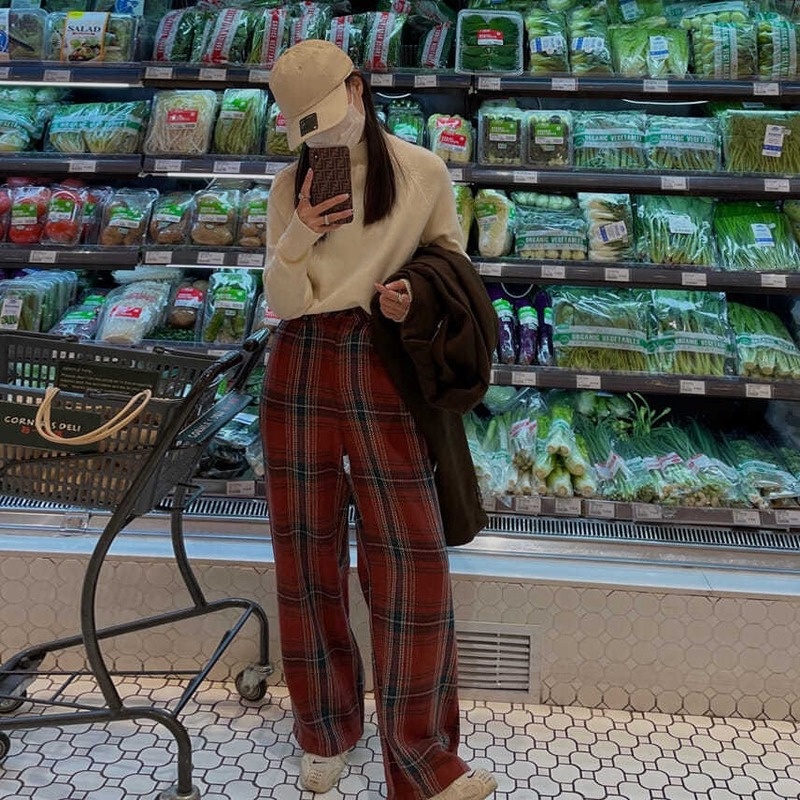 Quần Dài Ống Rộng Họa Tiết Caro Thời Trang Nữ