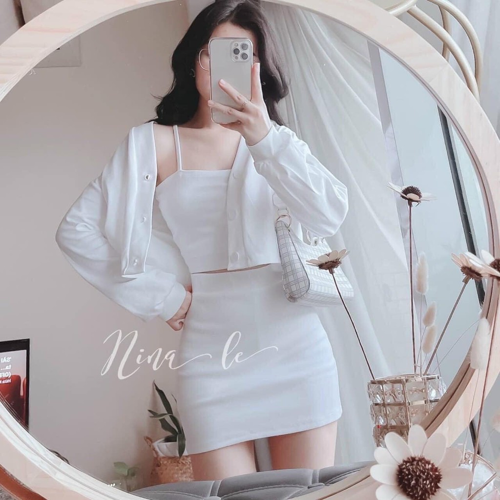 Set váy 3 món ( chân váy + áo croptop 2 dây + khoác croptop ) 3 màu hồng/trắng/đen siêu dễ thương Nguyễn Hoa