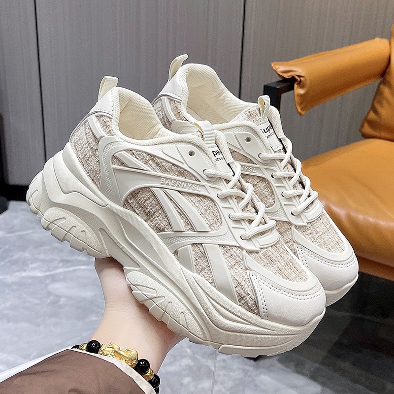 Giày thể thao sneaker nữ Mershi chất vải dạ kẻ phối kim tuyến độn đế 6 cm tăng chiều cao