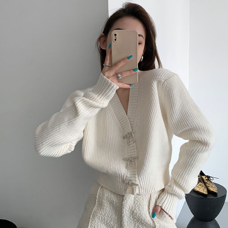 Áo Khoác Cardigan Dáng Lửng Ngắn Cổ Chữ V Dài Tay Đính Nút Hình Nơ Bling Bling Kiểu Hàn Quốc Chất Len Thỏ Loại 1