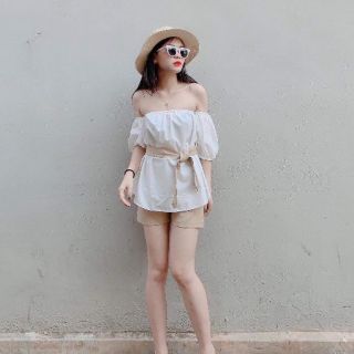 Set áo trễ tay bồng mix sooc kaki mẫu hot 2020