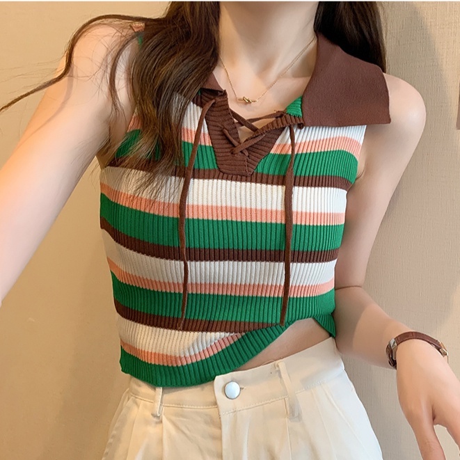 Áo Thun Dệt Kim Hai Dây Họa Tiết Kẻ Sọc Màu Sắc Tương Phản Phong Cách Retro Dành Cho Nữ
