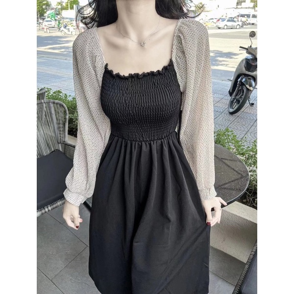 VÁY ĐEN PHỐI TAY ÁO CHẤM BI DÀI CAO CẤP (ảnh tự chụp 100%)