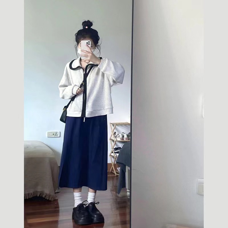 Áo khoác cardigan ZHELIHANGFEI thiết kế dài tay cổ polo phối khóa kéo thời trang