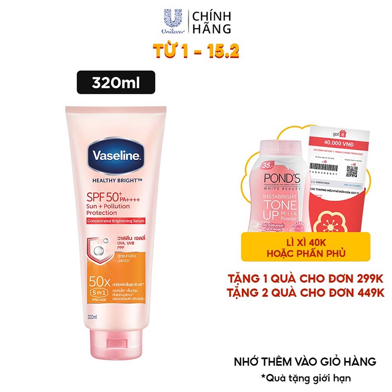 Serum chống nắng cơ thể Vaseline 50x bảo vệ da với SPF 50+ PA++++ giúp da