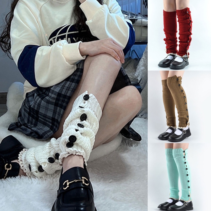 1 Đôi Tất Chân Dệt Kim Giữ Ấm Mùa Đông Phối Nút Ren Phong Cách Hàn Quốc Dành Cho Nữ