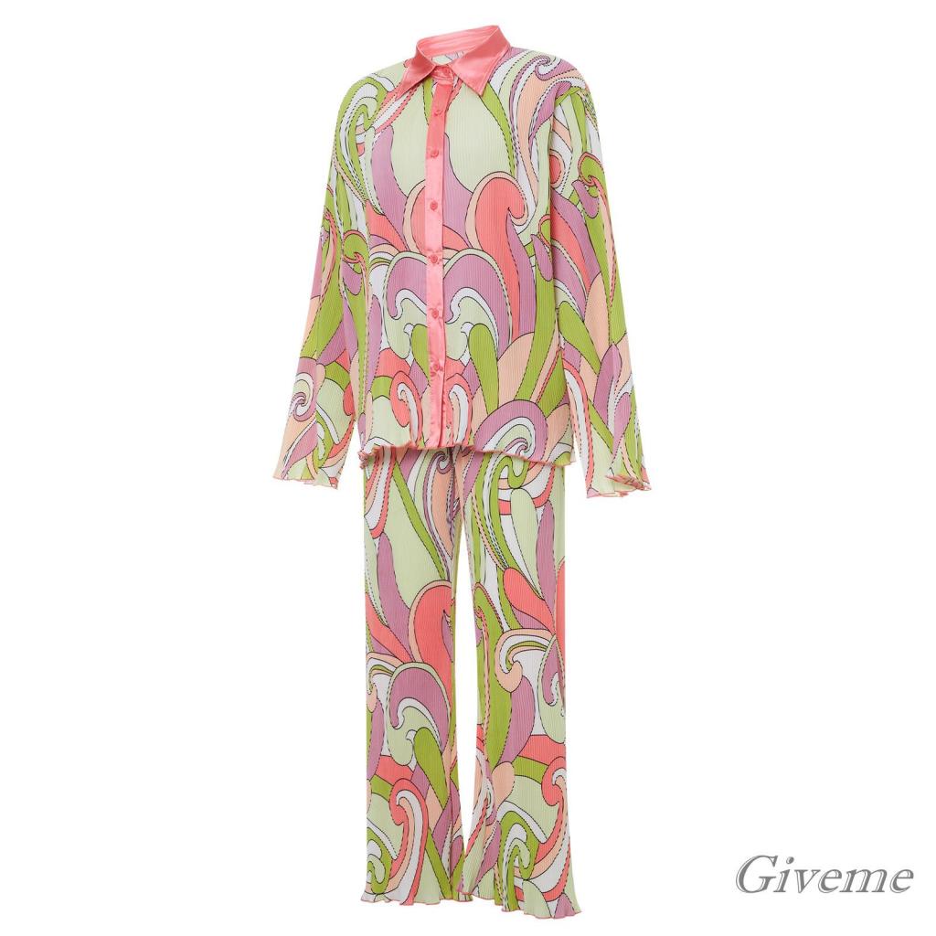 Set 2 Món Áo Sơ Mi Tay Dài In Họa Tiết Hoa/Sân Cây Phối Quần Dài Dáng Rộng Thời Trang Cho Bạn Gái