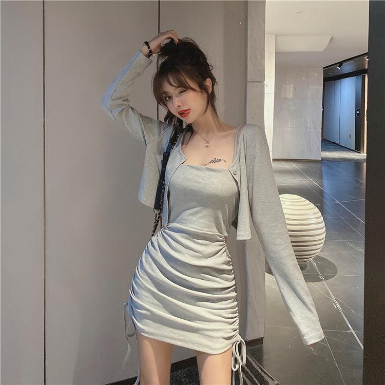 Bộ Áo Cardigan Dài Tay Phối Dây Rút + Chân Váy Ngắn Xinh Xắn Dành Cho Nữ