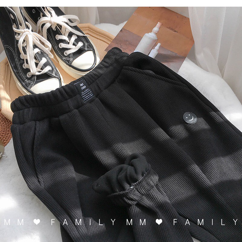 (Ảnh thật) Quần bo tăm chất siêu dày Logo in mặt cười_Quần jogger nam nữ unisex 2 màu basic