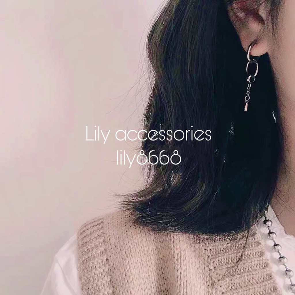 Double Hoop Chain Earring khuyên tai titan vòng xích không gỉ không đen không dị ứng cho nam nữ