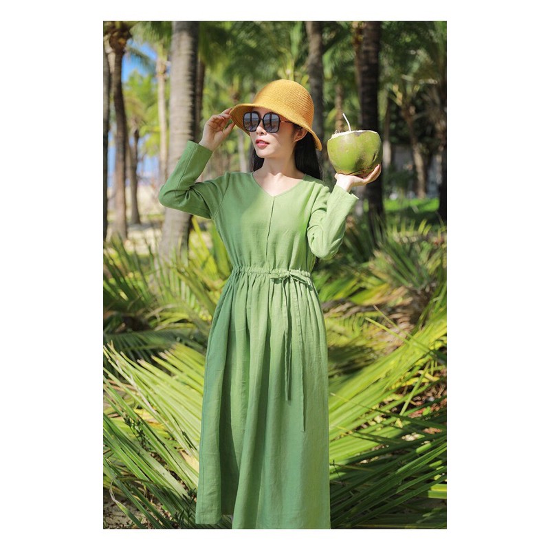 Đầm Công sở + NO5 + Linen + Màu xanh cốm
