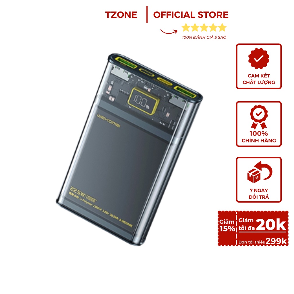 Sạc dự phòng có hỗ trợ sạc nhanh vỏ trong suốt 10000mah WP 319 tương thích Android Ios PD QC