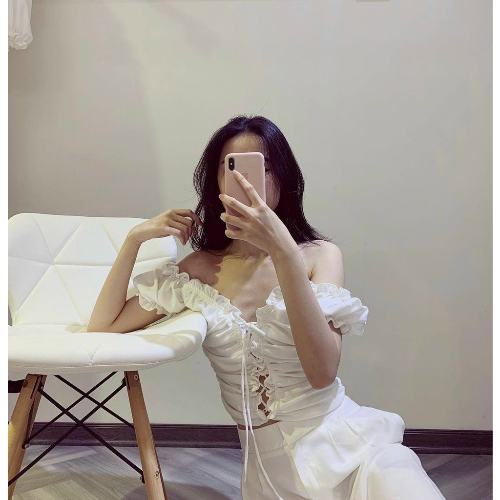 Áo Bẹt Vai Nhún Thân Đan dây viền dây - Áo thiết kế bẹt vai đan dây viền ren