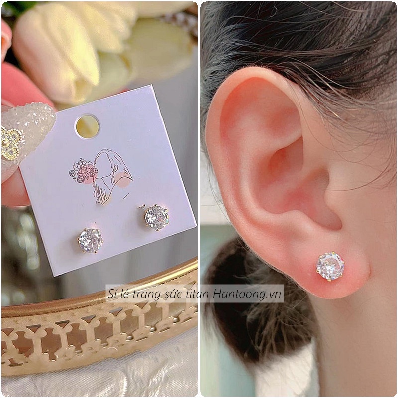 Bông Tai Titan Nữ Không Gỉ Đính Đá Pha Lê Lấp Lánh Thiết Kế Xinh Xắn Dễ Phối Đồ Thời Trang Đơn Giản