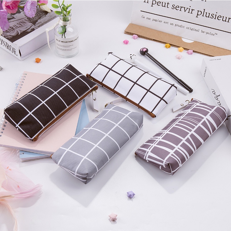 Túi Đựng Bút Bằng Vải Canvas Họa Tiết Kẻ Sọc Màu Trơn Có Khóa Kéo Sức Chứa Lớn Cho Học Sinh